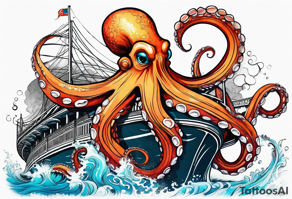 Octopus attacking bridge tattoo idea