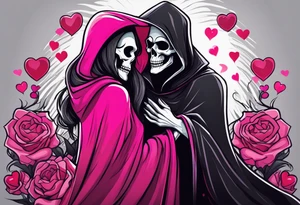 new school tattoo of a male grim reaper with black cloak kissing a female grim reaper in a bright pink cloak with small hearts in pink and red surrounding them tattoo idea