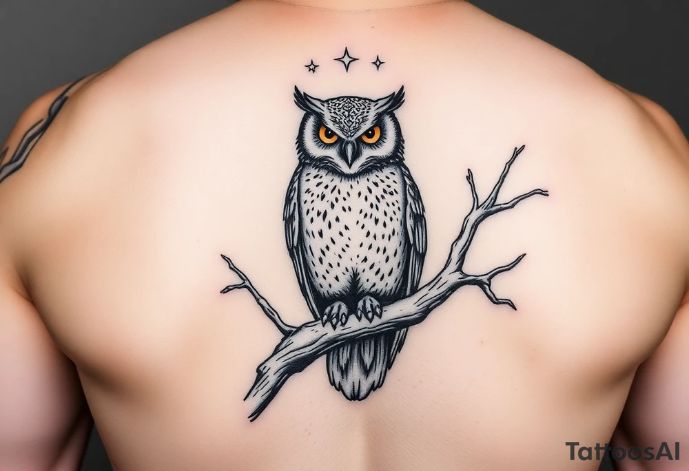 wise owl perched on ancient oak branch under starlit sky tattoo idea
