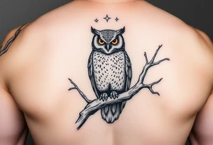 wise owl perched on ancient oak branch under starlit sky tattoo idea