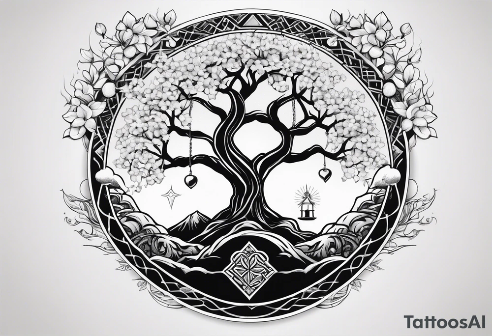 yggdrasil, five or six cherry tree flower on the upper left, the logo of tommorowland, and on the background a geometrical shape tattoo idea