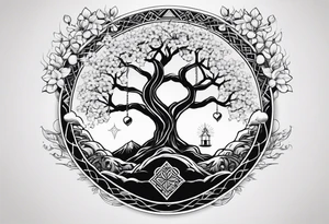 yggdrasil, five or six cherry tree flower on the upper left, the logo of tommorowland, and on the background a geometrical shape tattoo idea