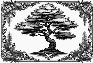 pine tree by itself with fallen leaves tattoo idea