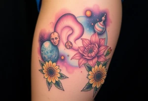 Milky way galaxy with planets with zodiac symbols and protection runes caught in it with tigerlillies roses and sunflowers tattoo idea