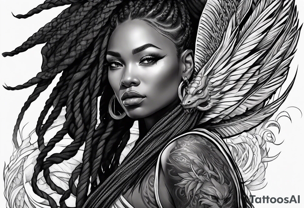 Red dragon wrapped around black woman with dreadlocks tattoo idea