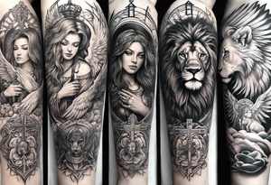 Full sleeve with Lion, cross, praying hands and angels. Incorporate the names Scarlett and Faith in the design tattoo idea