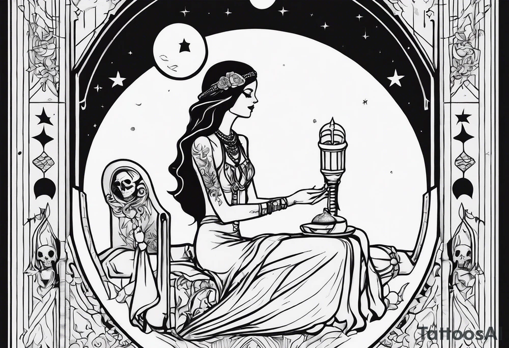 High priestess as a skeleton with moon tarot card tattoo idea