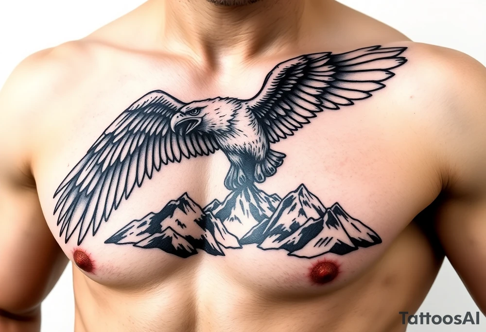 majestic eagle spreading wings against mountain peaks tattoo idea