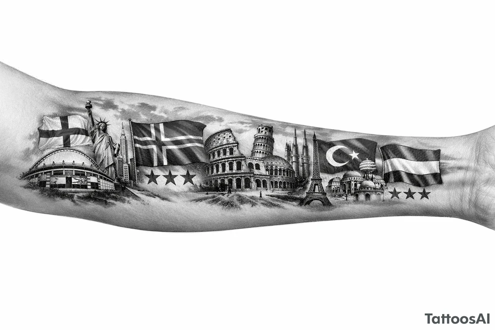 Football related my own journey England USA Iceland Italy Spain Turkey France Hungary flags inside forearm can u put 3 stars under iceland , 2 under turkey and italy tattoo idea