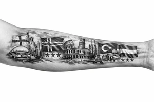 Football related my own journey England USA Iceland Italy Spain Turkey France Hungary flags inside forearm can u put 3 stars under iceland , 2 under turkey and italy tattoo idea