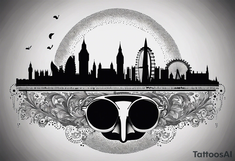 A minimalistic, abstract design capturing the architectural essence and vibe of London. Key elements of London’s skyline and structure are hinted at with clean lines, and subtle detailing includes personal touches, like a nod to Feid’s signature look (hat, glasses, mustache), integrated discreetly to honor a memorable concert experience. tattoo idea