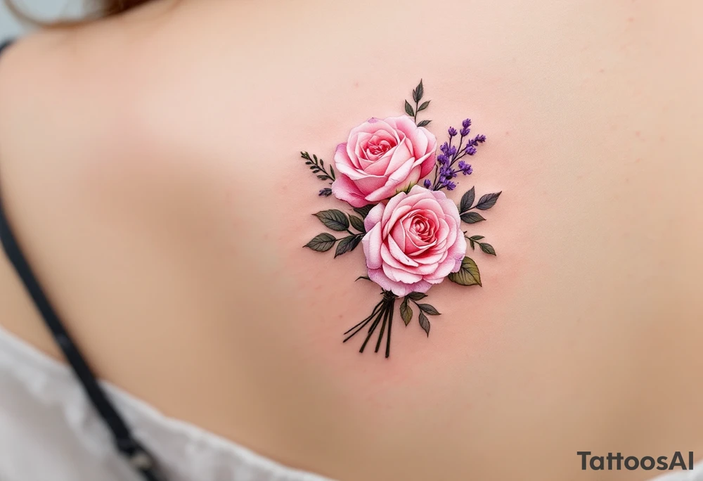 Tiny bouquet of wild roses, in pastel pinks and purples, tied loosely with thread-like ink strokes. tattoo idea