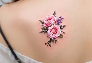 Tiny bouquet of wild roses, in pastel pinks and purples, tied loosely with thread-like ink strokes. tattoo idea