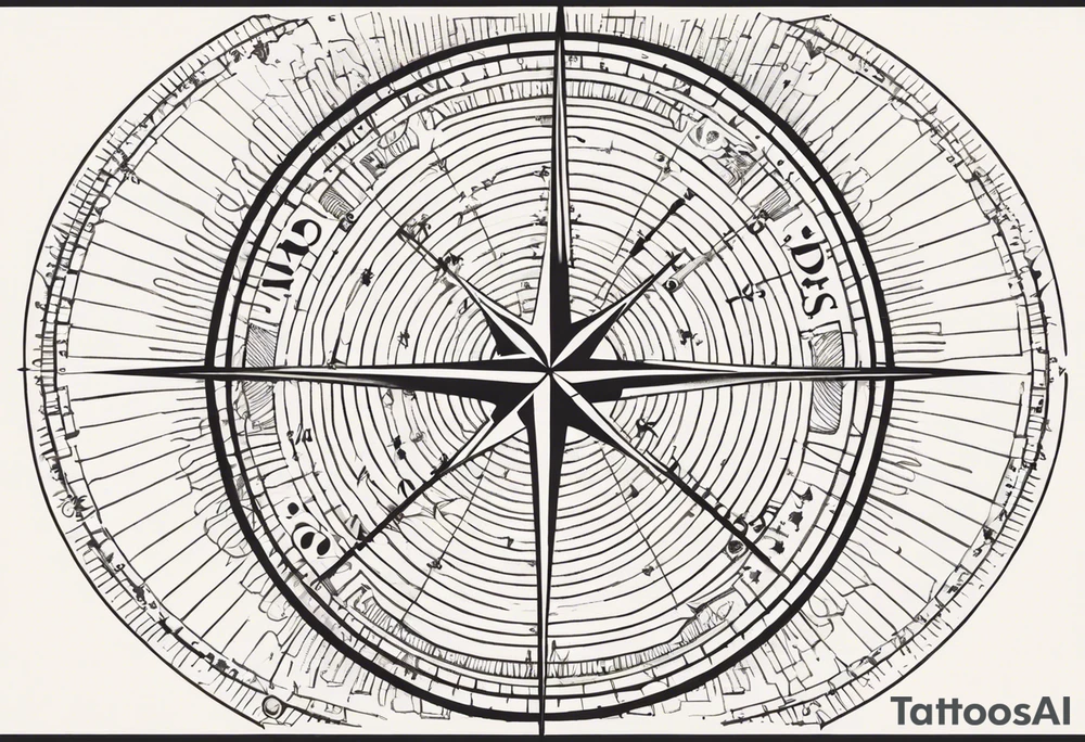 Compass Rose: Positioned on the shoulder with long straight lines radiating outward in all directions.
Lines: Transform into latitude and longitude lines further down the arm, creating a detailed backdrop.
Diver: In the foreground, a diver facing forward, with hands out as if holding a ball.
Silhouette: Instead of a ball, a small scuba diver's silhouette swimming upward between the diver's hands. tattoo idea