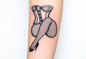 Seated woman, wearing a corset, fishnet tights and black shiny stilettos tattoo idea