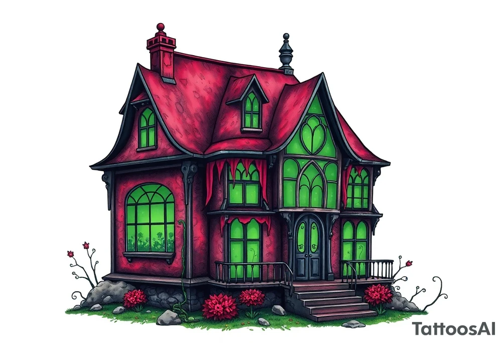 Tim Burton’s glass green house is abandoned and dripping with muted reds, dusty pinks, and eerie green glow. tattoo idea tattoo idea