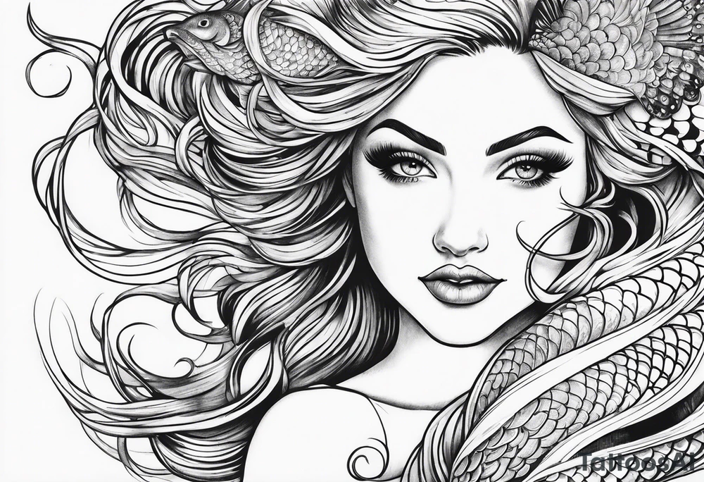 flowing mermaid tail with fan tip tentacles tattoo idea