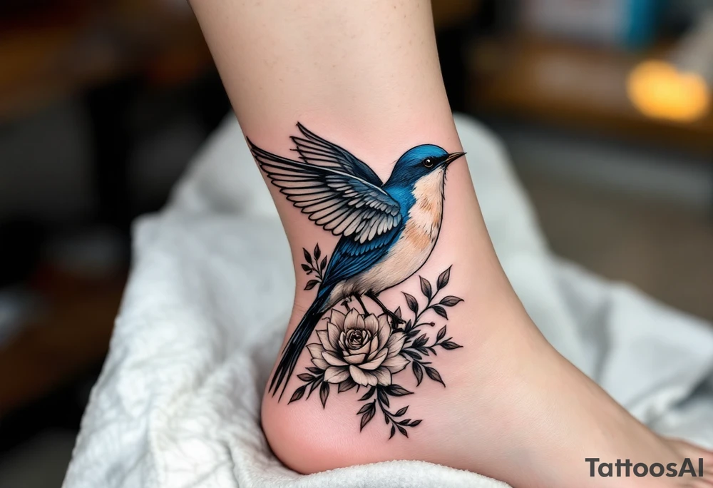 Blue bird with thick floral at the bottom tattoo idea