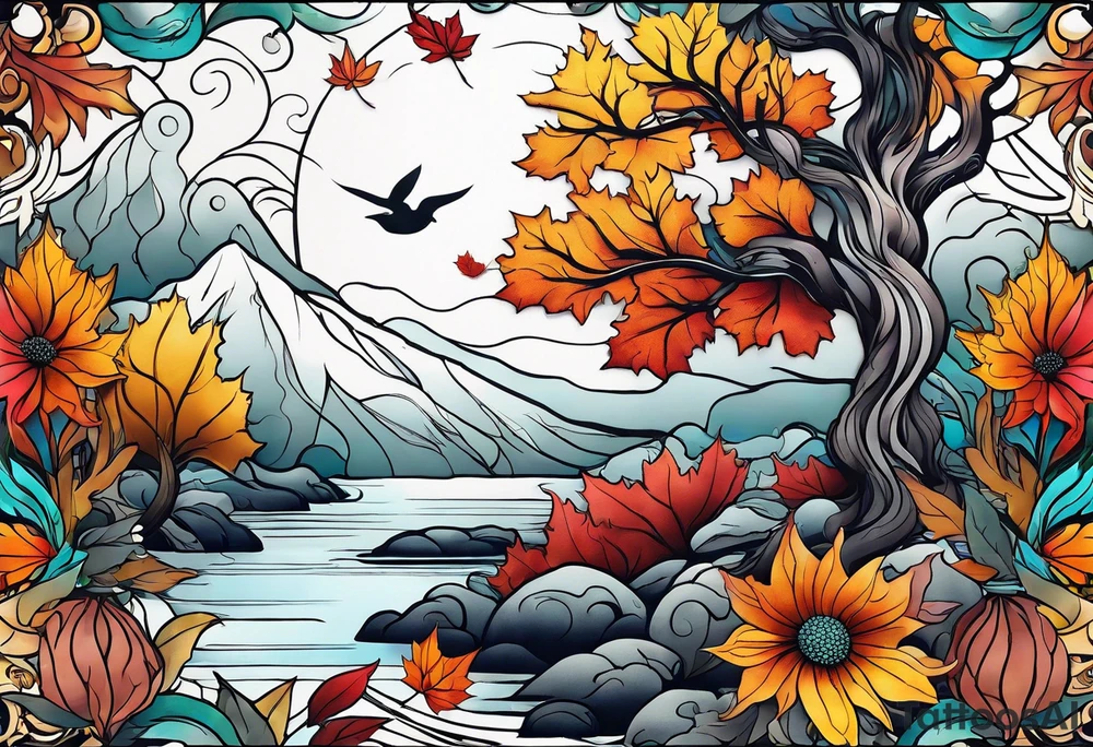 Full arm sleeve with fall colors, flowers, water, leaves and various shapes tattoo idea