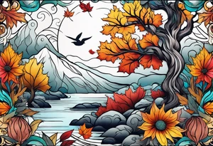 Full arm sleeve with fall colors, flowers, water, leaves and various shapes tattoo idea