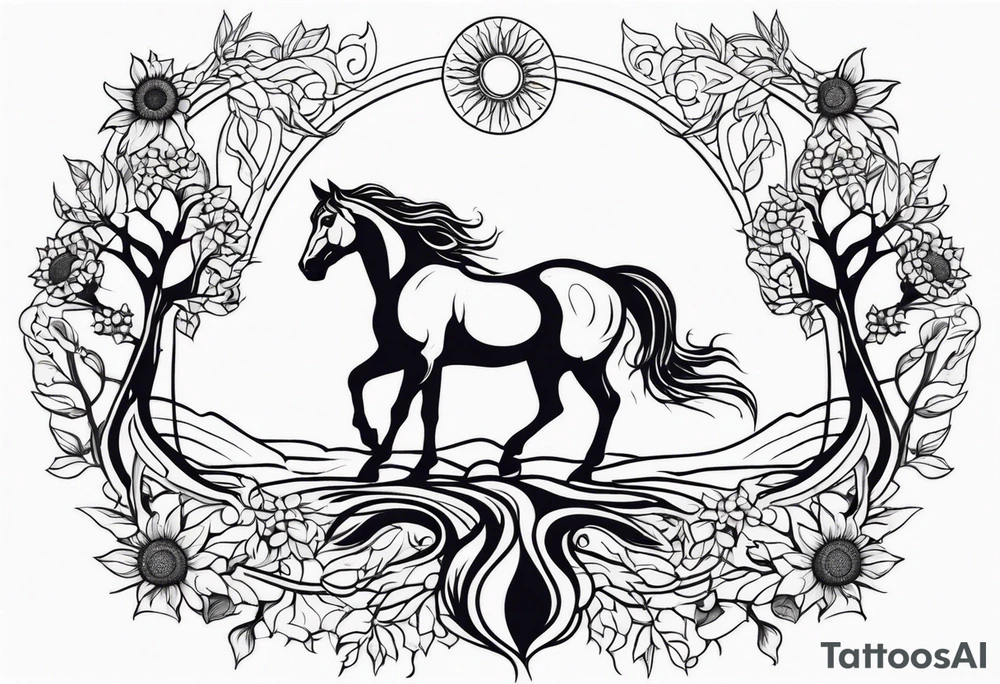 Yggdrasil tree, horse, sunflower tattoo idea