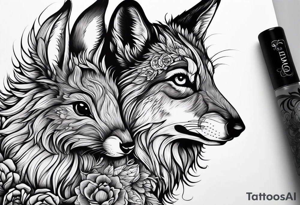 Mum and baby bunny protected by wolf tattoo idea