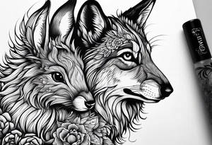 Mum and baby bunny protected by wolf tattoo idea