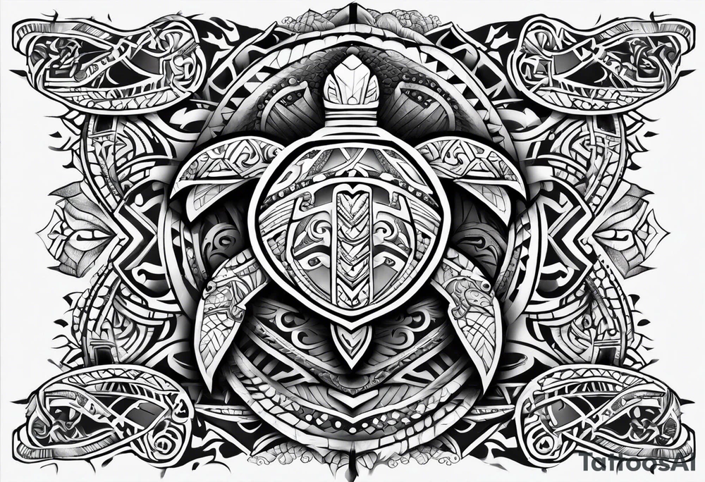 Full Polynesian tribal sleeve with turtle on top on arm tattoo idea