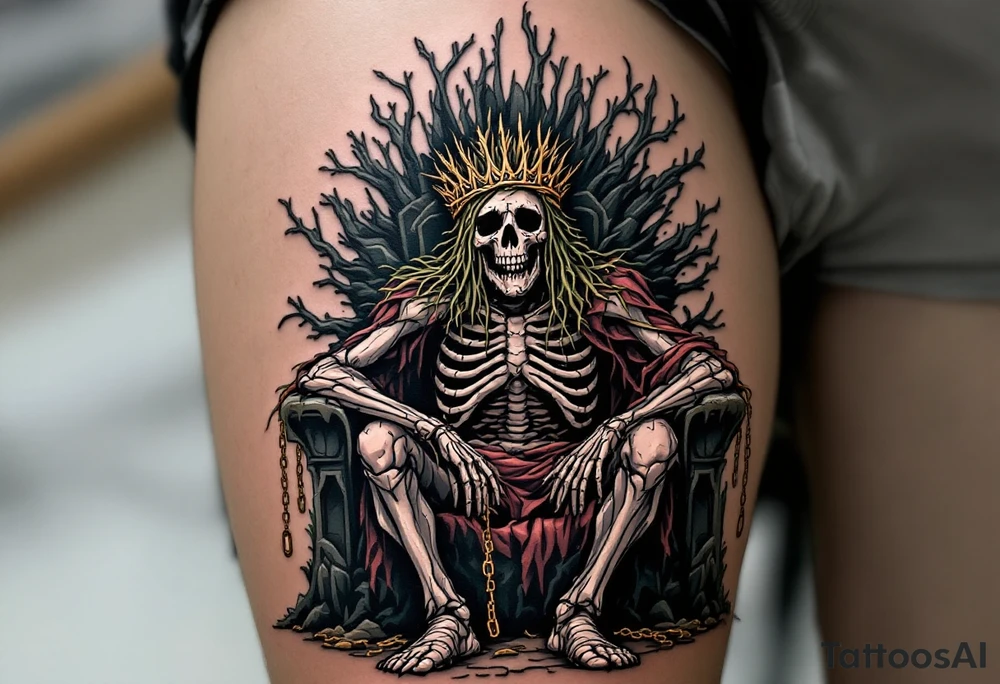 Drowned Pirate King – A skeletal pirate in a decayed, seaweed-covered crown, sitting on a barnacle-crusted throne at the bottom of the sea. His empty eye sockets  and broken golden chains dangle from his wrists. tattoo idea