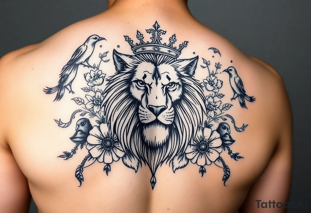 powerful majestic lion with a crown, surrounded by floral ornaments and birds tattoo idea