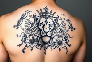 powerful majestic lion with a crown, surrounded by floral ornaments and birds tattoo idea