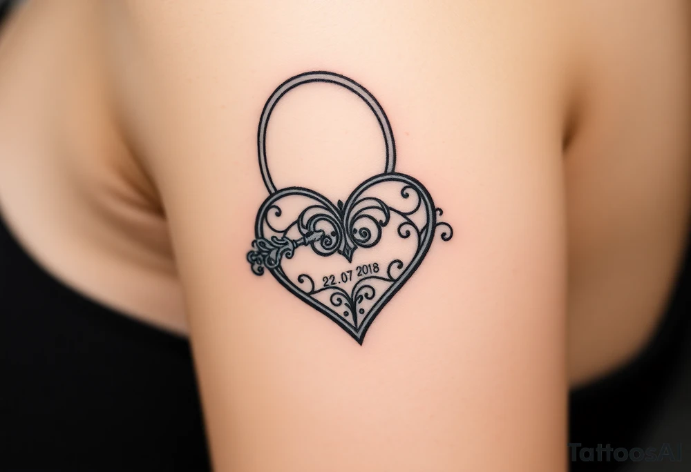 A realistic heart-shaped lock with an ornate key, decorated with filigree patterns, with wedding date 22. 07. 2018. tattoo idea