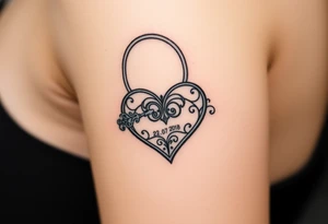 A realistic heart-shaped lock with an ornate key, decorated with filigree patterns, with wedding date 22. 07. 2018. tattoo idea