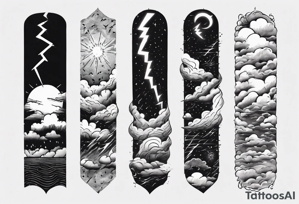 forearm sleeve lightning and clouds pattern tattoo idea