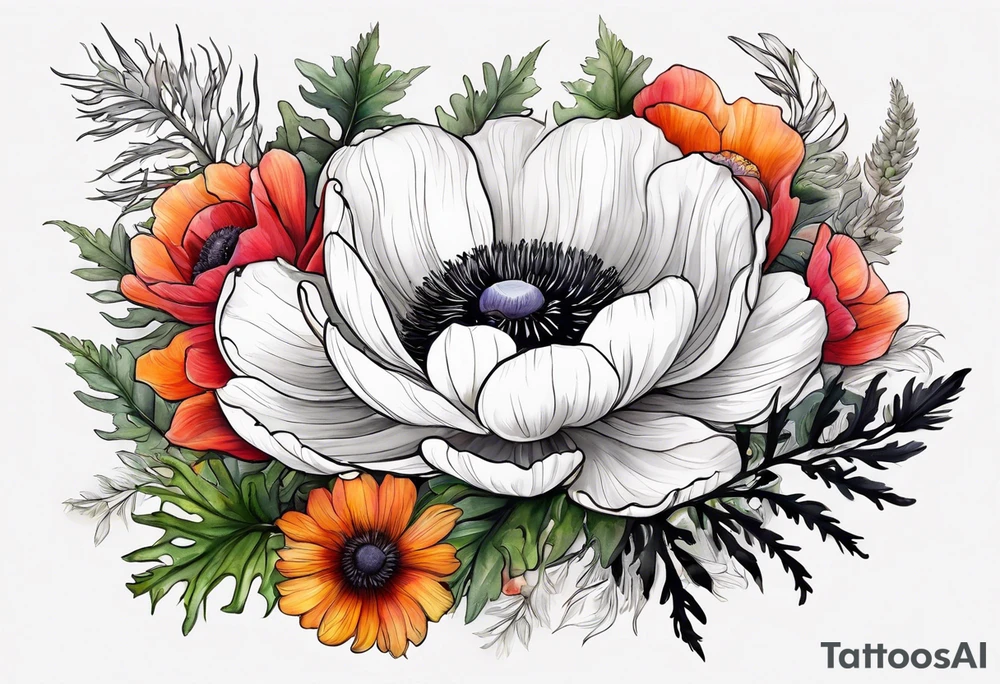 a white anemone with black center with thistles, ferns, ranuculus, sun flowers, red flowers, pink flowers, orange flowers, yellow flowers in watercolor tattoo idea