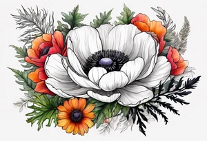 a white anemone with black center with thistles, ferns, ranuculus, sun flowers, red flowers, pink flowers, orange flowers, yellow flowers in watercolor tattoo idea