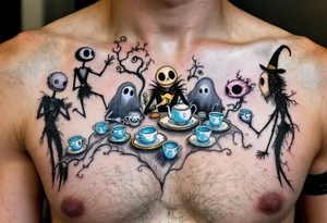 Tim Burton’s haunted tea party features pale blue porcelain cups floating around ghostly characters in foggy grays. tattoo idea