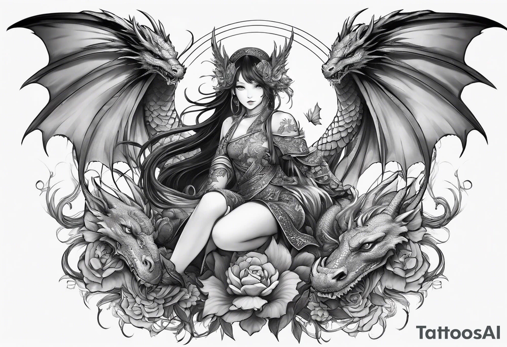 beautiful warrior nymph with dragon wings and dragon friends tattoo idea