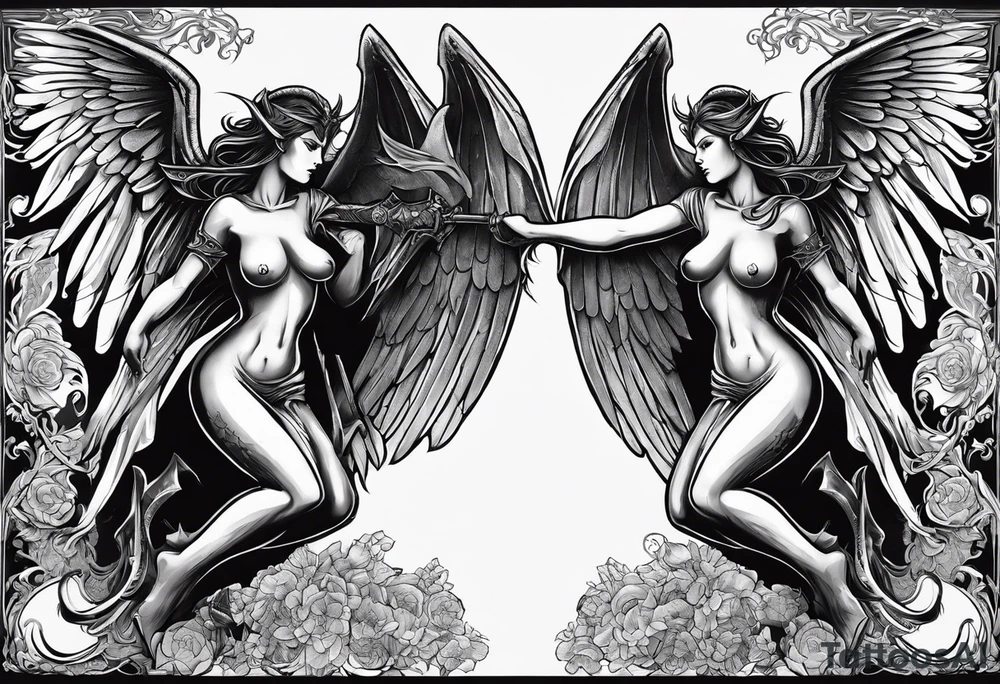 angel woman and devil woman fighting, arguing on the sky , big wings and full body, angel at the right side and have normal wing but devil woman at the left side and with bat wing tattoo idea