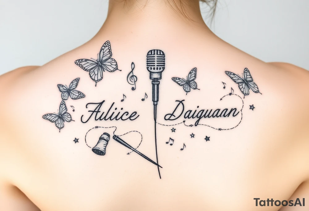 Names: Faith Alice Ida Daiquan surrounded with butterflies, musical notes, needle and thread, microphone and drumsticks tattoo idea