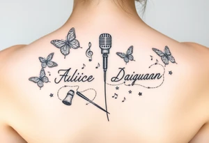 Names: Faith Alice Ida Daiquan surrounded with butterflies, musical notes, needle and thread, microphone and drumsticks tattoo idea