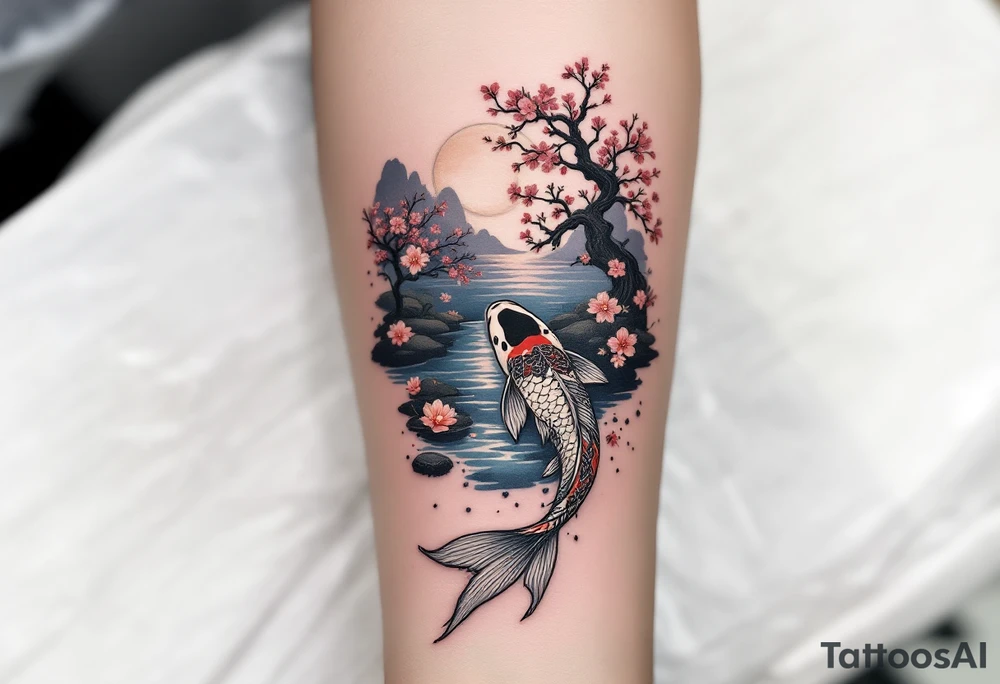 a koi fish swimming upstream in a pond moonlight by the full moon with a sakura tree by the pond tattoo idea