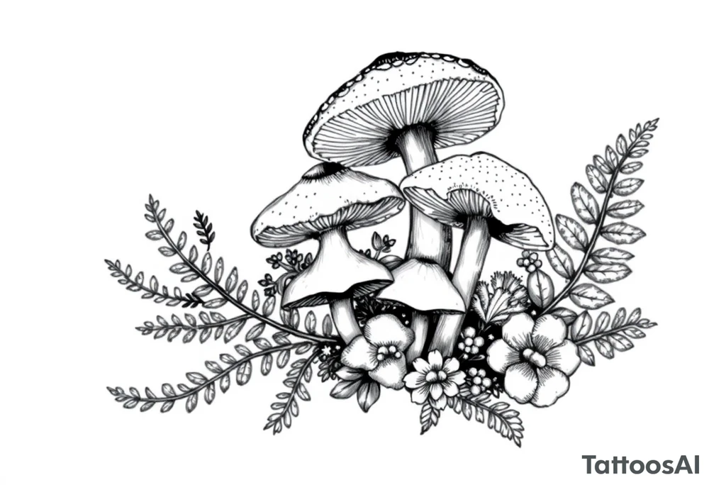 Vintage illustration neo traditional style mushrooms and ferns tattoo idea