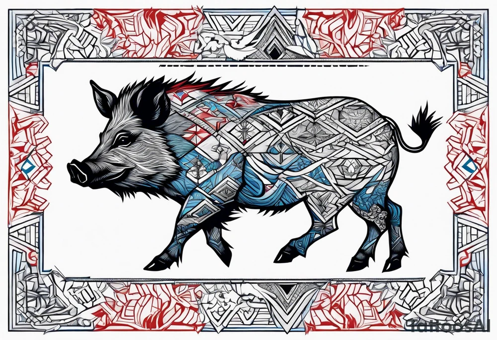 Wild boar that is blue with 3 red crosses tattoo idea