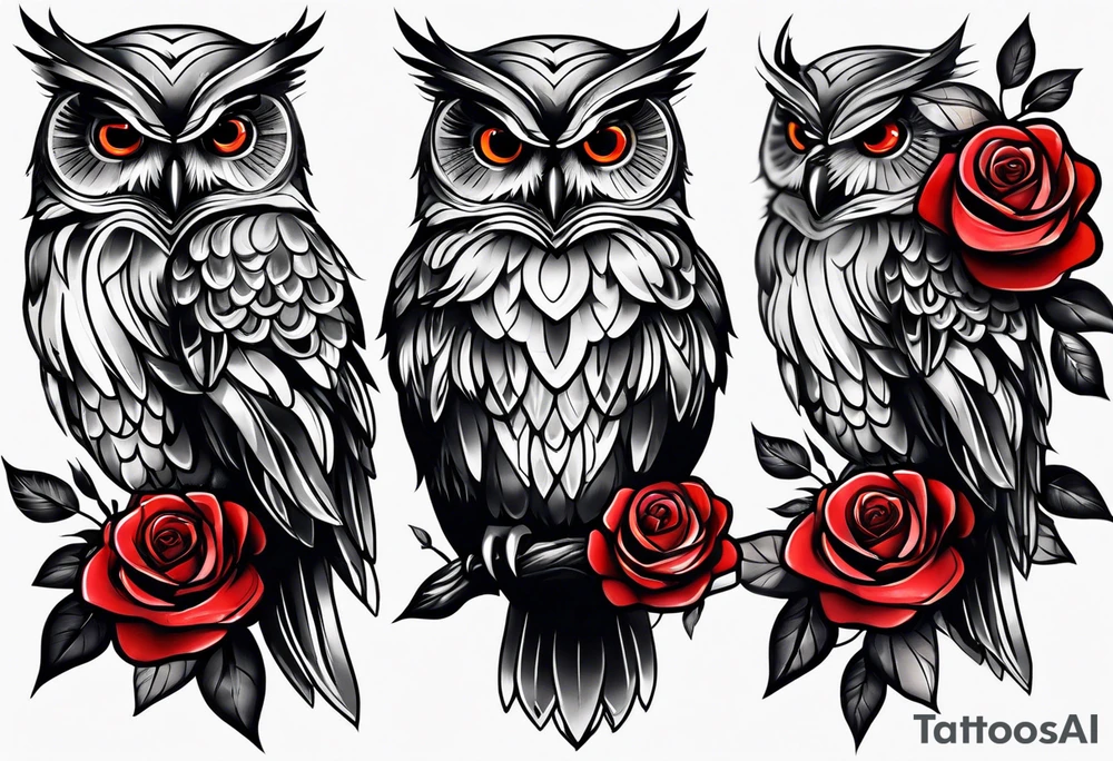 Forearm tattoo Color Owl with red roses tattoo idea