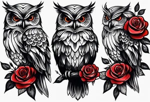 Forearm tattoo Color Owl with red roses tattoo idea