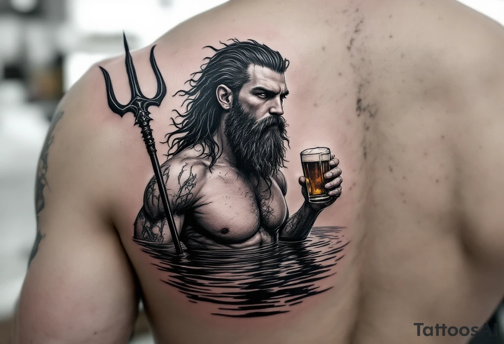 young, fit poseidon in calm water, holding a trident, drinking a beer tattoo idea