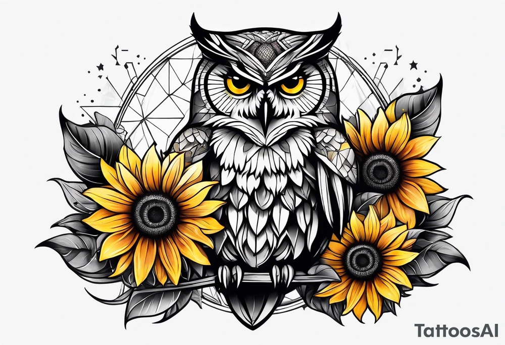 Owl and sunflower sleeve tattoo idea