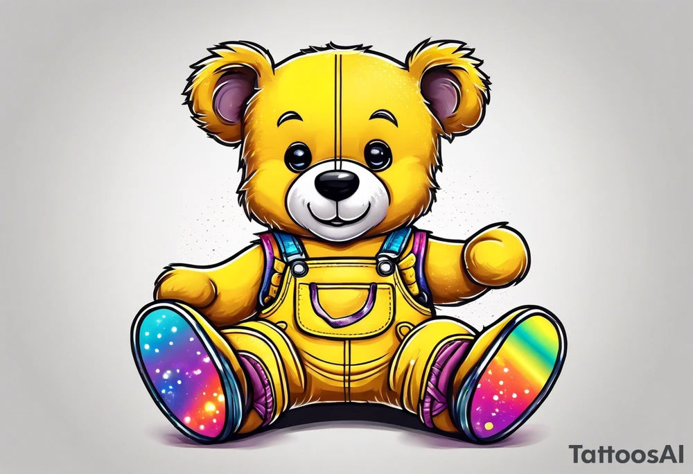 A rollerskating teddy bear in yellow overalls and rainbow skates tattoo idea