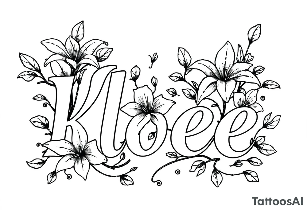 The word Kloee surrounded by big
lilies with the vines in letters tattoo idea